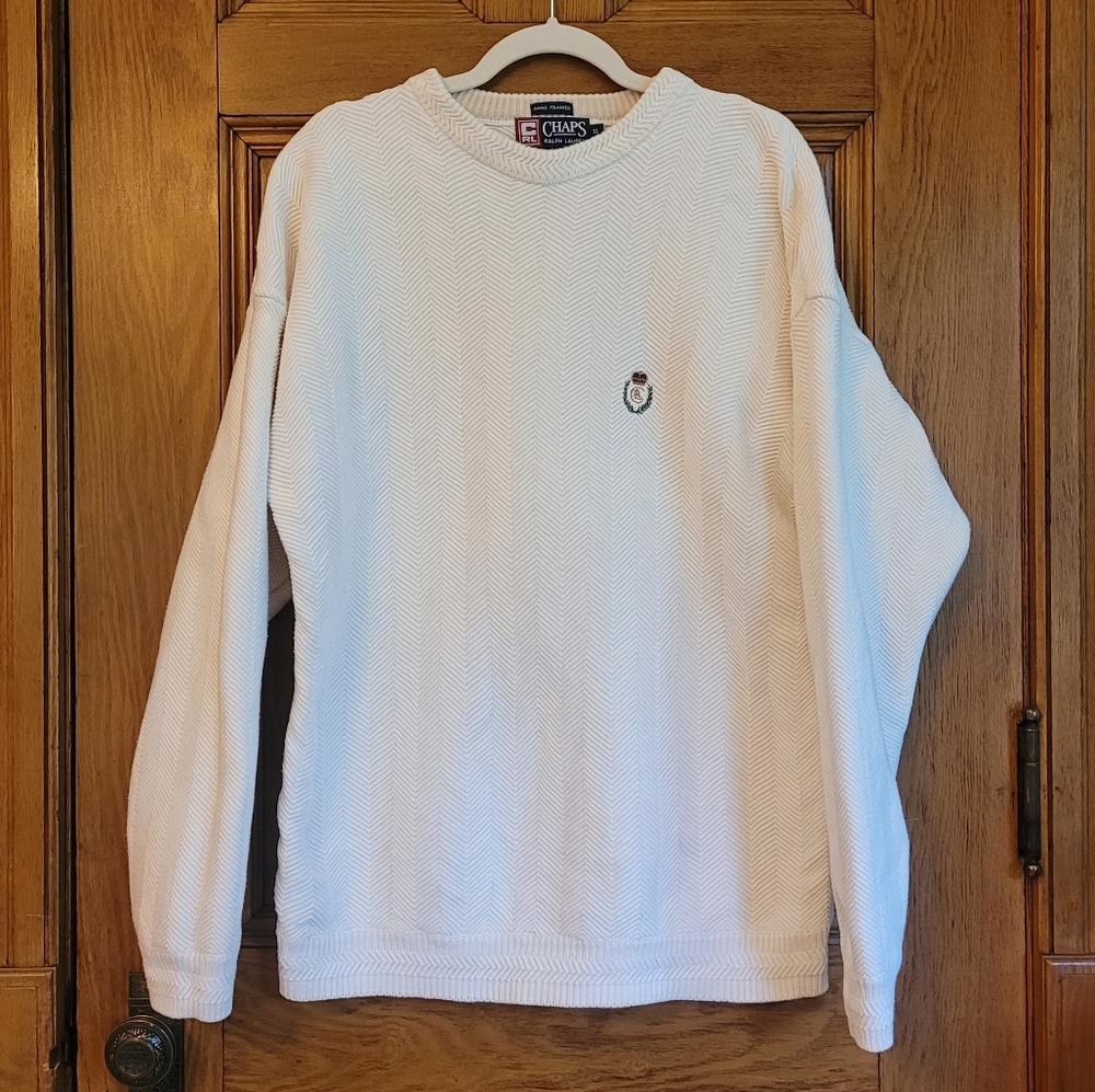 Men's Crewneck Ivory White Sweater Ralph Lauren Chaps Size XL EUC Vintage Preppy - Picture 2 of 7